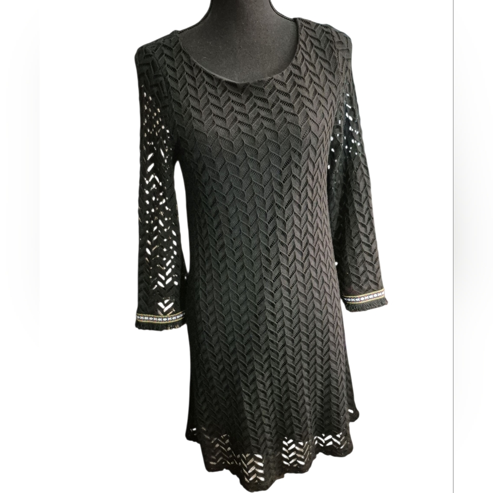 Black Knit Crochet Chevron Pattern Mini Dress  CrewNeck​ -Size M